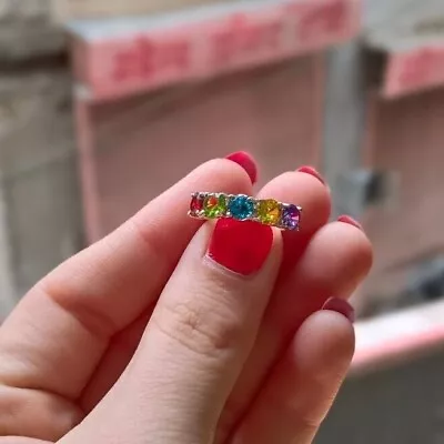 Rainbow Multi Sapphire Gemstone Ring Engagement Ring 14k Yellow Gold Lab Created • $62.99