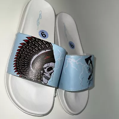 ED HARDY  Slide Sandals Skull And Axes  White / Blue Men Sz 9 • $21.24