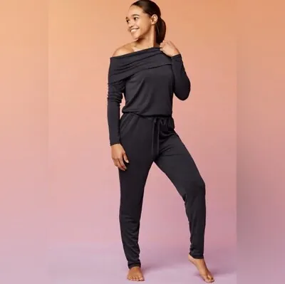 Fabletics Black Tess Off Shoulder Jumpsuit Long Sleeves Pants Women's Size XS • £33.68