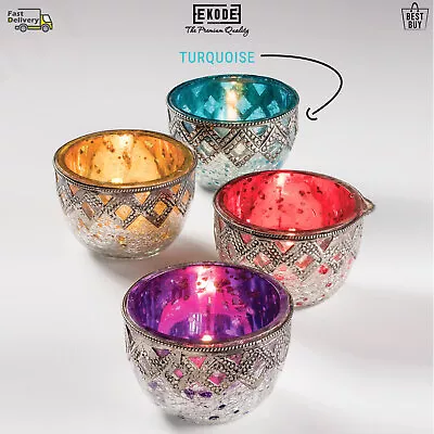 EKODE™ Beautiful Crackle Glass Tealight Holder With Metal Handmade Best Gift • £9.99