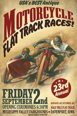 VINTAGE DIRT FLAT TRACK SIDECAR MOTORCYCLE RACING POSTER PRINT 36x24 HI RES 9MIL • $39.95