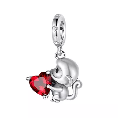 Little Monkey Hugging Red Heart Dangle 925 Sterling Silver Women Bracelet Charm • $16.98