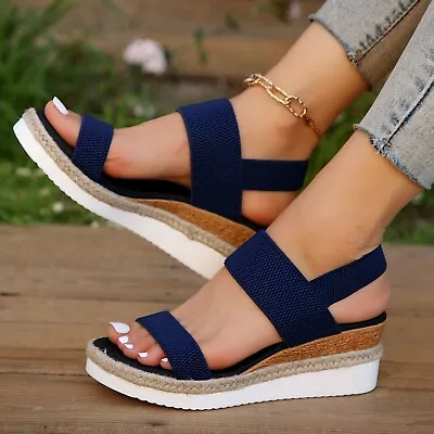 Summer Womens Wedge Mid Heel Slingbacks Shoes Casual Slip On Roman Sandals 36-43 • $38.94