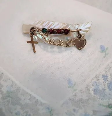 Vintage 1950's MCM Carved Mother Of Pearl Wire Rhinestone Brooch/Pin Handmade • $9.99