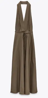 Zara Women's Linen Blend Halter Neck Khaki Dress Size M • £39