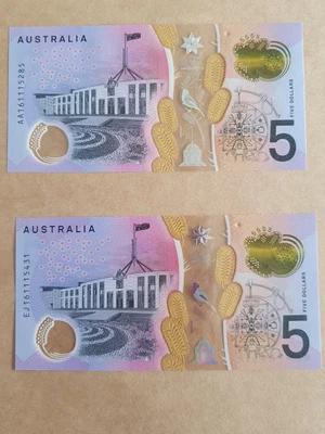 $18 • Buy 2016 $5 New Wattle Series Banknotes First & Last Prefix UNC Pristine Condition