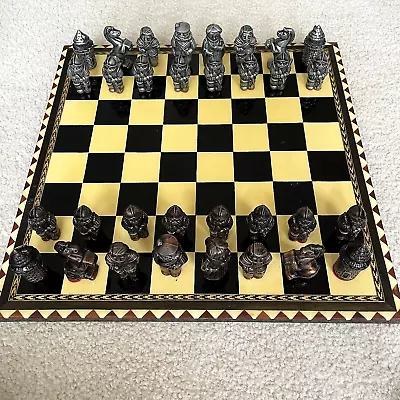Vintage Ajedrez Metal Chess Set With Inlaid Wood Chess Board • $145