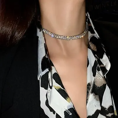 $45 • Buy 10k White Gold Plated Choker Necklace Made W Swarovski Crystal Baguette Stone