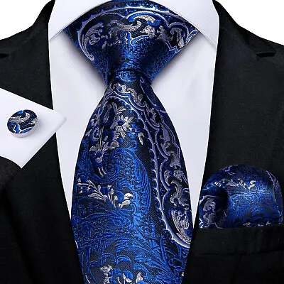 Mens Ties Silk Blue Paisley Necktie Hanky Cufflinks Set Formal Business Gift Tie • £10.99