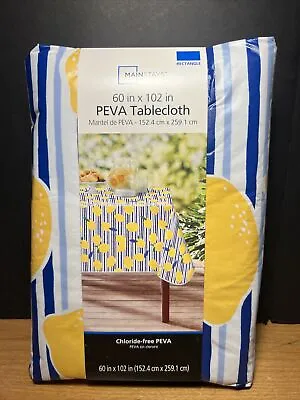 Mainstays Vinyl PEVA 60 X 102  Indoor Outdoor Tablecloth - Lemons Blue Stripe • $14.99