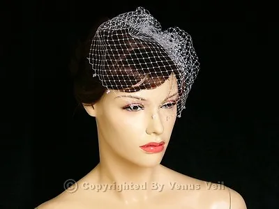 Handmade Ivory Bridal AB Bicone Crystal Edge Wedding Birdcage Blusher Veil • $16.99