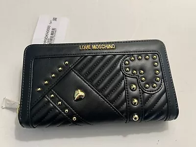 LOVE MOSCHINO Portafogli Nero Black Faux Leather ZA Wallet Gold Stud Accents NWT • $48.99