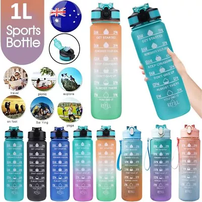$9.99 • Buy 1L Water Bottle Motivational Drink Flask With Time Markings BPA Free Sport Gym