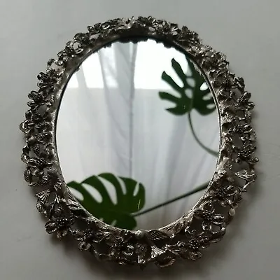 VTG Silvertone Metal Vanity Mirror Tray Dogwood Blossom Birds Matson Style Frame • $79.99