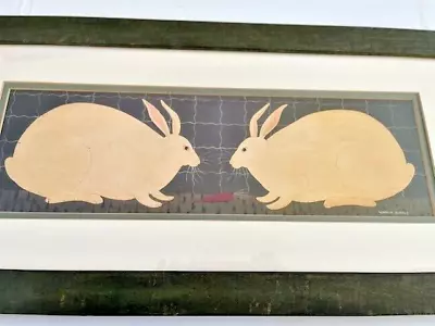 Warren Kimble Primitive Two Bunnies American Folk Art Matted & Framed W Glass • $45