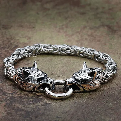 6-8 Inch Mens Stainless Steel Norse Viking Fenrir Wolf Head Bracelet Men Gift • $17.99