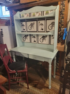 $40 • Buy Refinished Desk And Hutch In Pale Green With Cane Bottom Chair In Burgundy
