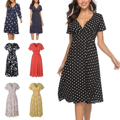 £12.85 • Buy Womens Boho Floral Polka Dot Midi Dress Ladies Casual V Neck Beach Swing Dresses