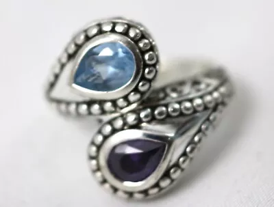 Sterling Silver & Blue & Purple Crystal Bypass Ring Size 7 - Unbranded • $2