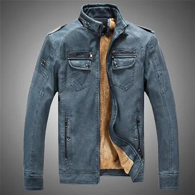 Winter Men PU Leather Jacket Fleece Faux Fur Coat Short Warm Motorcycle Wear SPW • $119.64