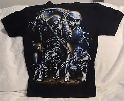 Grim Reaper Scythe Pitbull Dog Skull Lightning Graveyard Santa Muerte T-shirt • $11.27