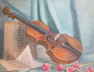 Antique/ Vintage Watercolor Still Life Violin Sheet Music Carnation Blossoms Oak • $45