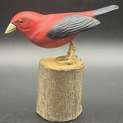 Vintage Hand Carved Wooden Scarlet Tanager Red Bird On Log Glass Eyes 5  Tall • $24