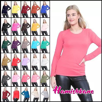 Womens Plain T-Shirt Ladies Round Neck Long Sleeve Stretchy Casual Basic Tee Top • £7.42