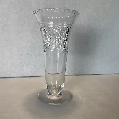 Vintage Crystal Cut Glass Pedestal Vase 8  Tall Thumbprint Edge Cross Band • $20