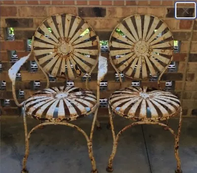 Antique Original Francois Carre Sunburst Garden Chairs Set Of 2 White Iron Aged • $1299.99