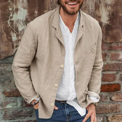Men's Long Sleeve Cotton Linen Lapel Blazer Coat Jacket Button Cardigan Shirts • $25.99