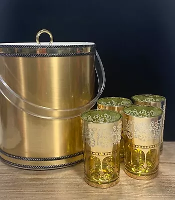 $48 • Buy Georges Briard Ice Bucket Gold With Cocktail Glasses Vintage Curated Barware Set