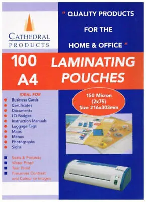 100 X Cathedral A4 Laminating Pouches 150 Micron Laminator Pouch • £9.98