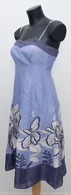 Monsoon Blue Fit & Flare Floral Linen Silk Dress Size 8 UK VGC • £22