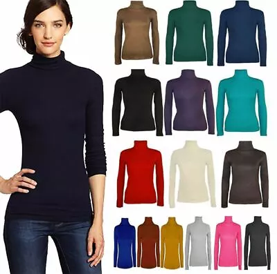 Womens Ladies Long Sleeve Polo Neck Turtle Roll High Neck Jumper Top Sizes 8-26 • £7.99