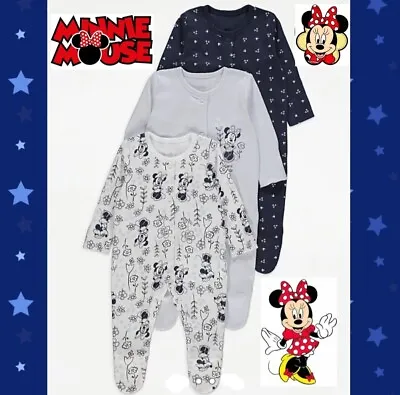 ❤ Bnwt Baby Girl Disney Minnie Mouse Pk 3 Sleepsuits Babygrows Age 9-12 Mths • £12.99