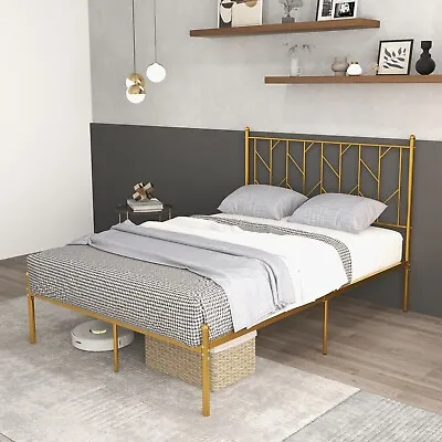 4.6FT Metal Double Bed Frame Heavy-duty Slatted Platform Bed W/Headboard • £79.95