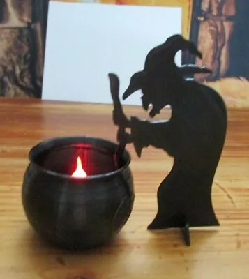 3D Halloween Witch With Cauldron White Led Tea Light Holder Ornament Decoration • £5.99