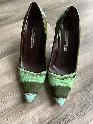 Manolo Blahnik Plezek Embroidered Calf Hair Pumps Size 38.5 • $85