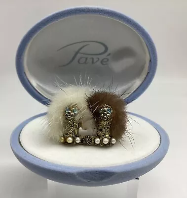 Retro 1950's Brooch Real Mink Twin Poodle Fabulous Gold Tone Crystal Pearls • £28