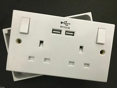 Double Wall Plug Socket 2 Gang 13A With 2 USB Charger Port Outlets+ Back Box • £13.49