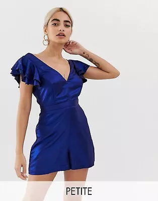 Miss Selfridge Petite Metallic Blue Ruffle V-Neck Playsuit UK 10 • £6.99