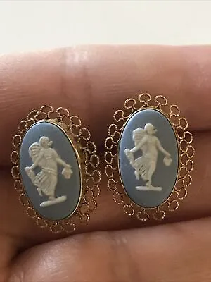 Vintage VAN DELL Blue White WEDGWOOD Cameo Screw-on Gold Filled Earrings • $60