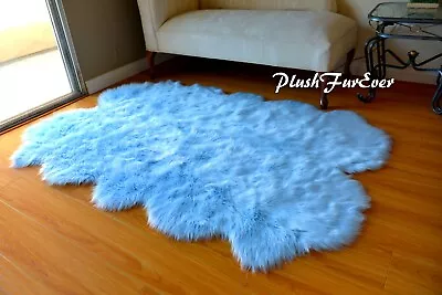 Baby Blue Furry Quad Sheepskin  Nursery Rug 5' X 7' Feet • $159