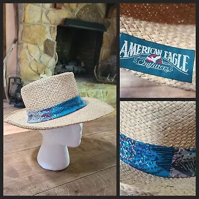 Vintage American Eagle Outfitters Straw Panama Hat With Band Original Logo RARE • $29.99