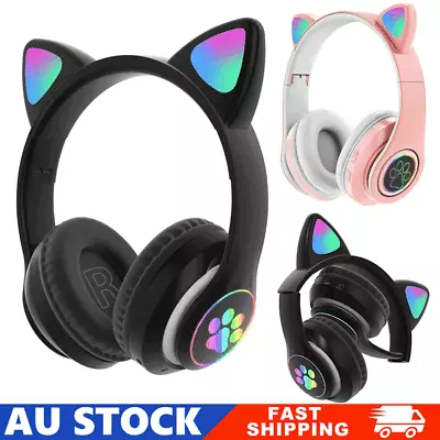 New Gaming Cat Ear Headphones LED Lights Headset Cute Wireless Bluetooth 5.0 AU • $18.90