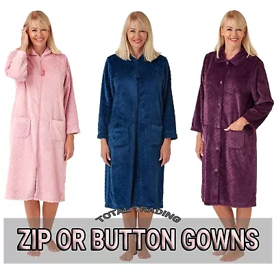 LADIES Dressing Gowns Fleece Housecoat Traditional ZIP UP  Or BUTTON  FRONT  • £22.99