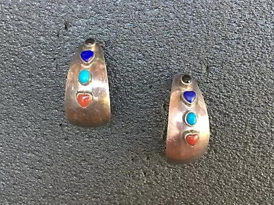 VTG 925 Sterling Silver Navajo Coral Turquoise Lapis Lazuli Onyx Hoop Earrings • $59.99