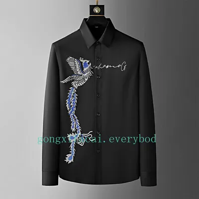 Fashionable Long Sleeved Shirt Slim Casual Men Tops Phoenix Rhinestone New • $36.80