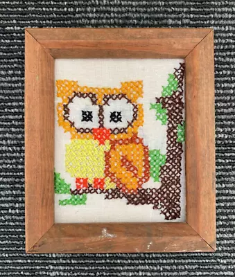 Old Vintage Hand Knit Craft Owl In A Wooden Frame 14 X 12 CM • $18.45